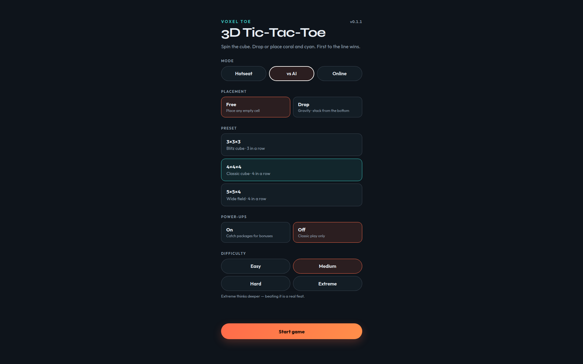Voxel Toe setup with vs AI selected and Medium difficulty
