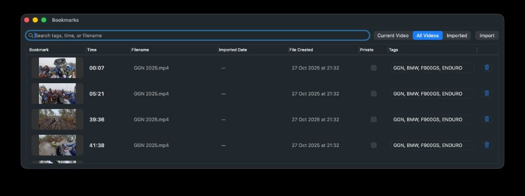QuickPreview bookmark manager showing search, sorting, tags, preview thumbnails, and import controls.