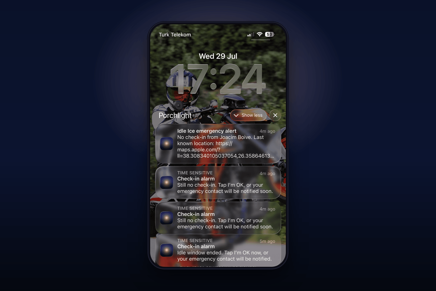 iPhone lock screen with Porchlight check-in alarms