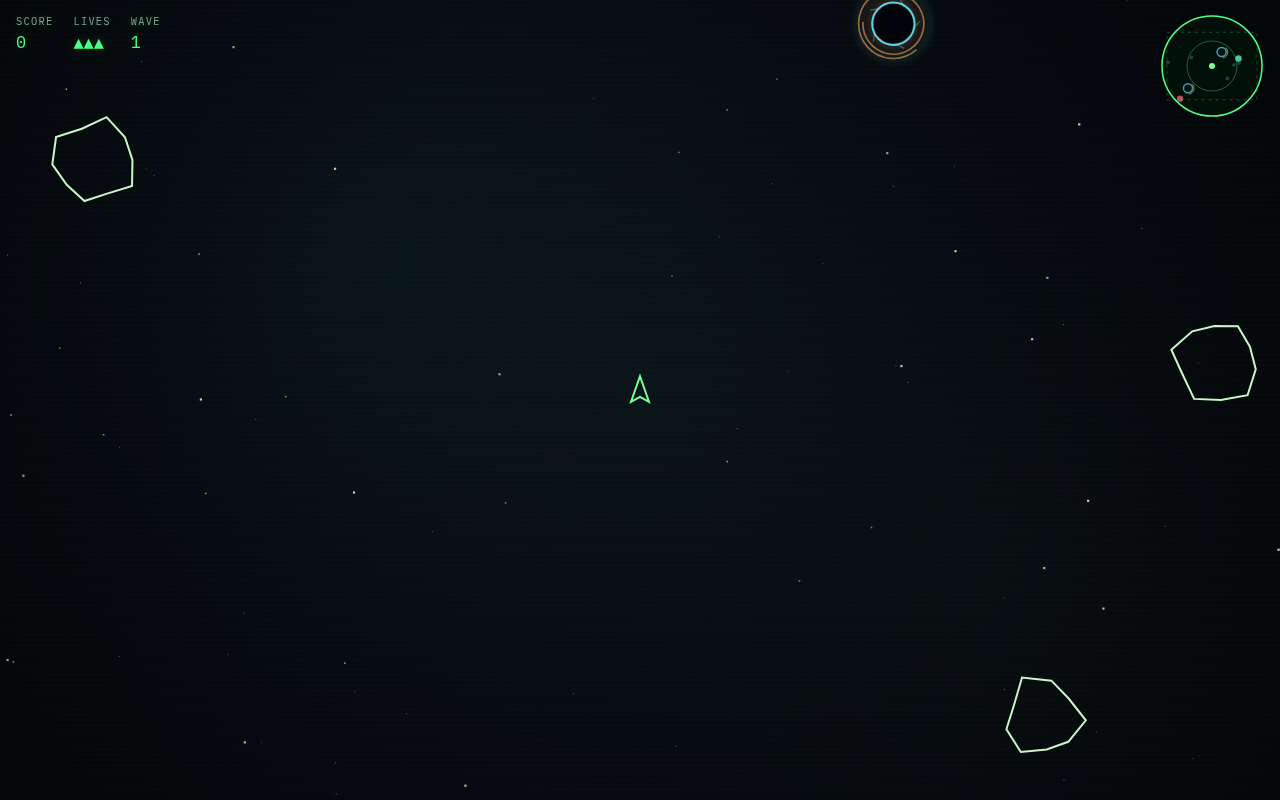 Asteroids Turbo desktop solo run with ship, asteroids, HUD, and radar