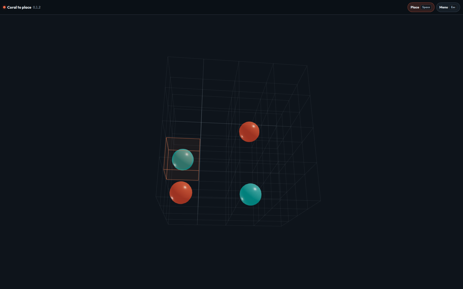 Voxel Toe desktop match on a 3D cube with coral and cyan markers