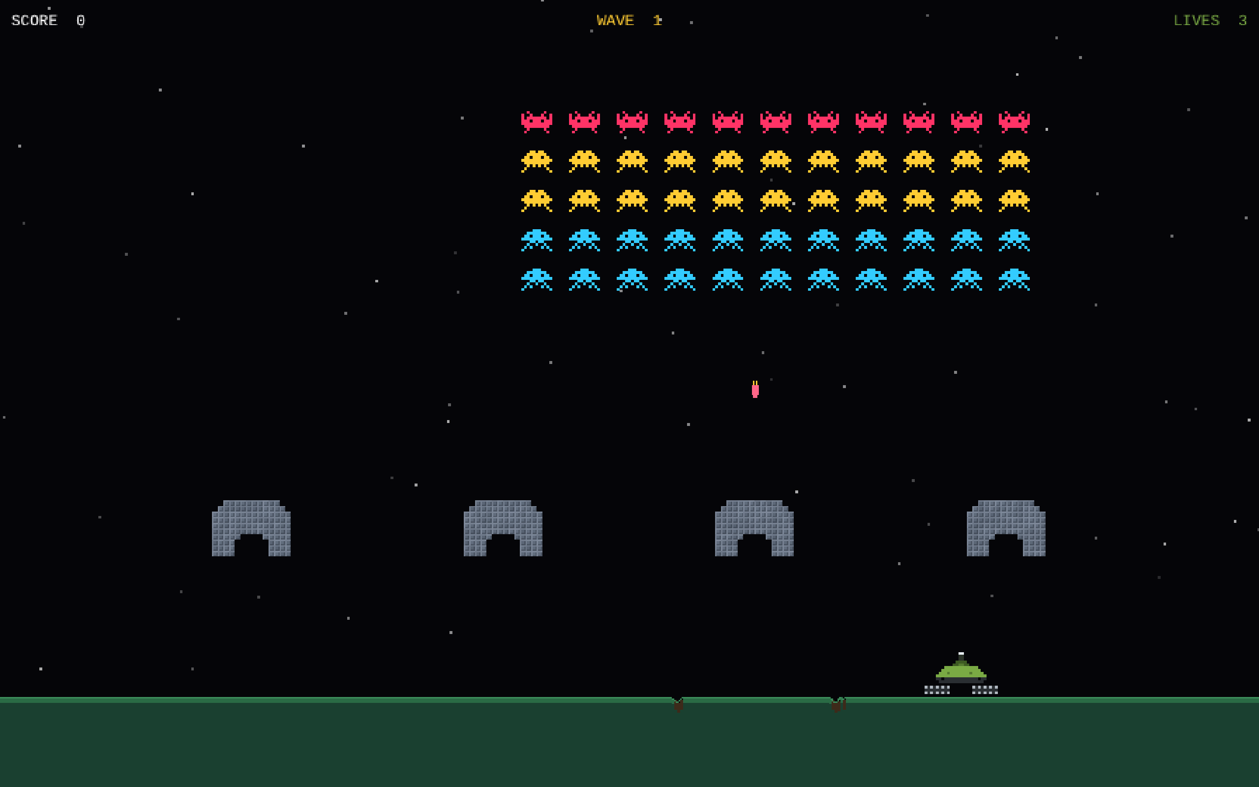 Space Invaders desktop wave with tank, bunkers, and invader formation