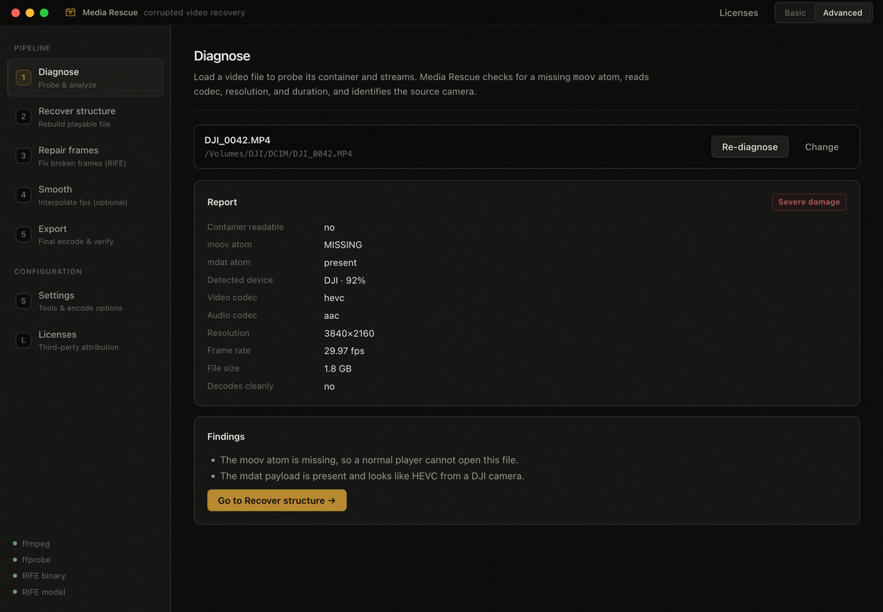 Media Rescue diagnose report for a damaged DJI video