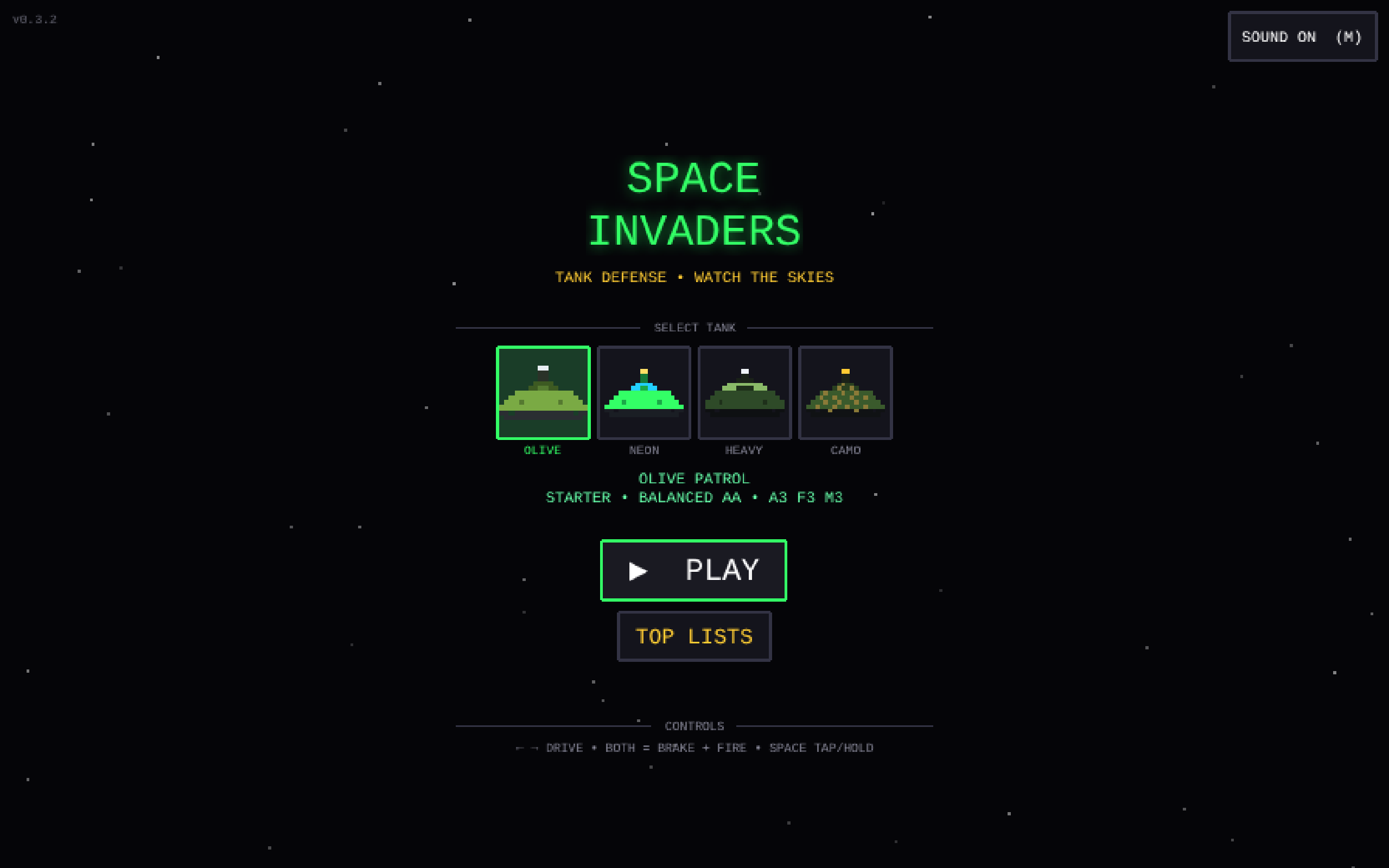 Space Invaders menu with tank select and Play button