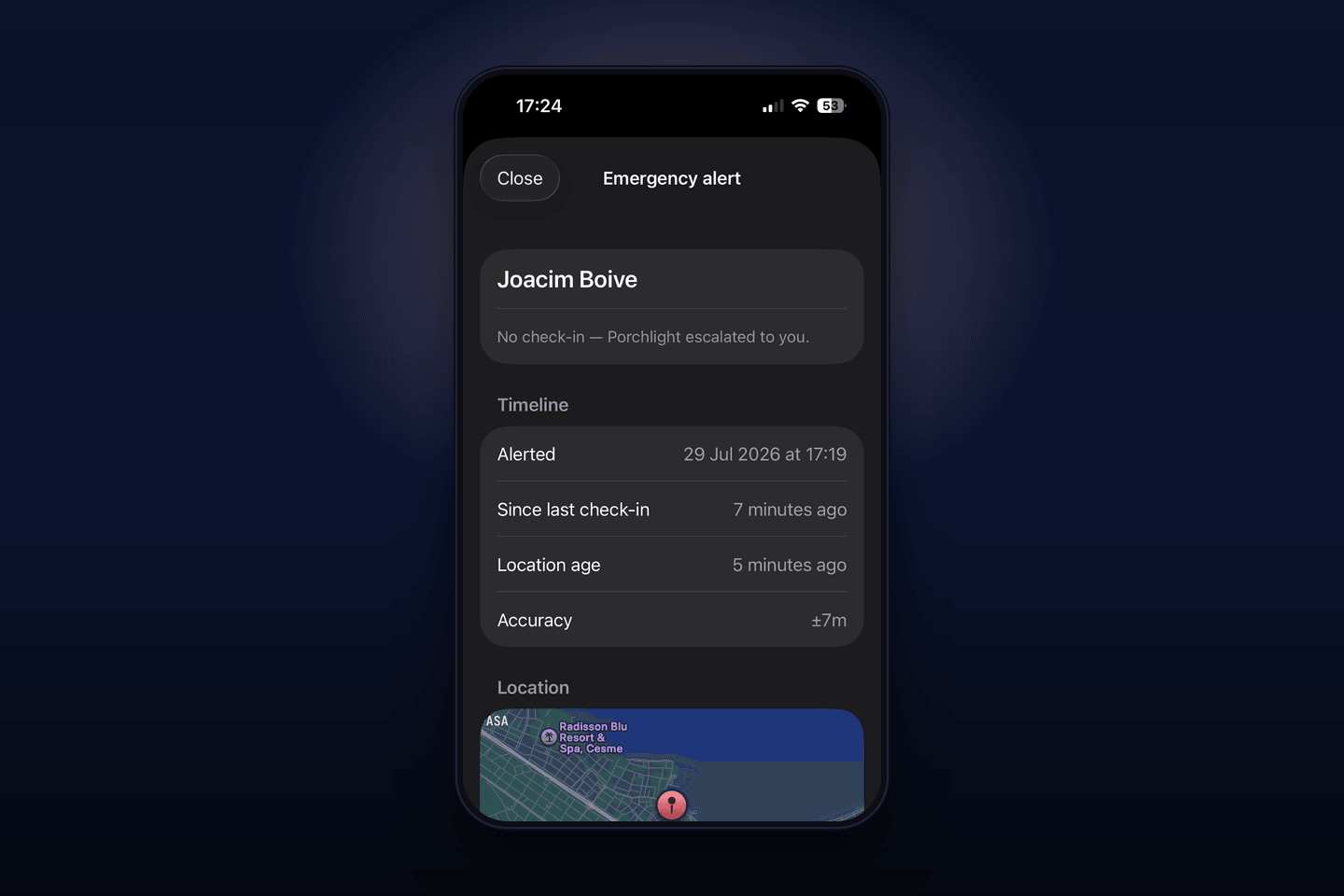 Porchlight emergency alert with last known location map