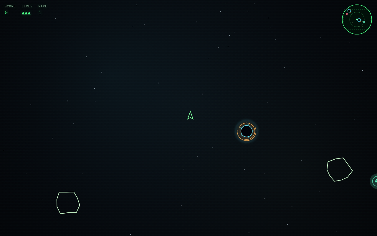 Asteroids Turbo gameplay with radar, asteroids, and a linked portal
