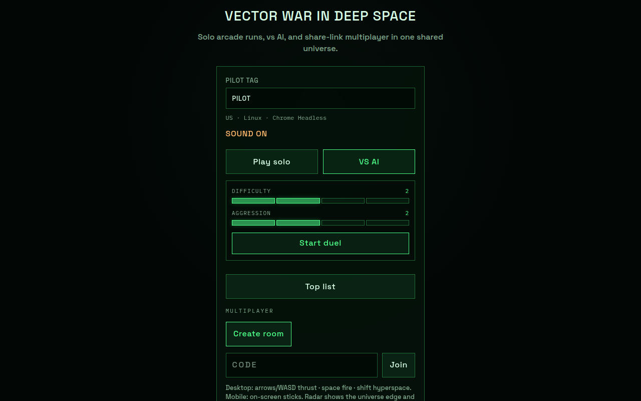 Asteroids Turbo lobby with VS AI selected and difficulty sliders