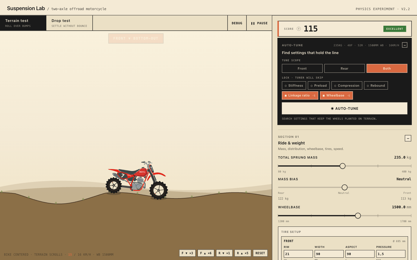 Suspension Labs terrain test with live bike simulation and tuning panel